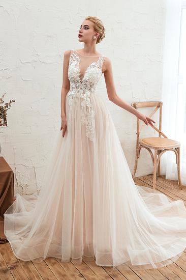 Illsuion neck Champange Wedding Dress with Chapel Train | Sleeveless Summer Bridal Gowns Online_6