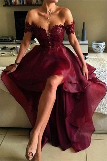 Burgundy Off Shoulder Lace Prom Dresses Hi-lo Open Back Formal Evening Dress