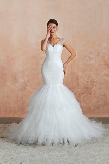 Catherine | Luxury V-neck Cap Sleeve Beach Low back Lace up White Close fitting Bridal Gowns with Sequins