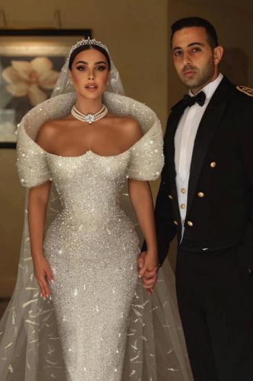 Charming Glitter White Mermaid Wedding Dress Sequins Long Bridal Gown_3