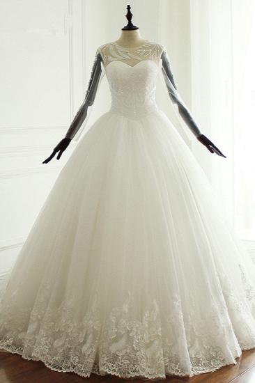 Bradyonlinewholesale Stylish Jewel Long Sleeves Tulle Wedding Dress Pearls Lace Appliques Bridal Gown with Crystals On Sale_1