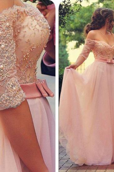 A-Line Cute Pink Half Sleeve Evening Dress Off Shoulder Lace Sweep Train Bridal Gown_3