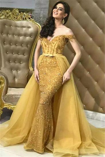2022 Gold Off Shoulder Mermaid Sexy Evening Dresses | Overskirt Lace Tulle Cheap Proom Dresses Online_1