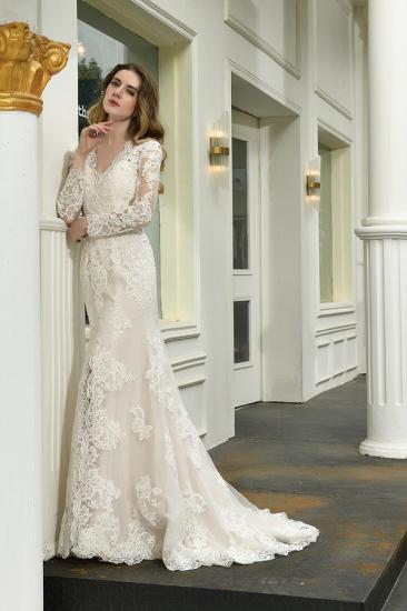 Delicate V-Neck High Split Long Sleeves Lace Wedding Dress With Court Train_8