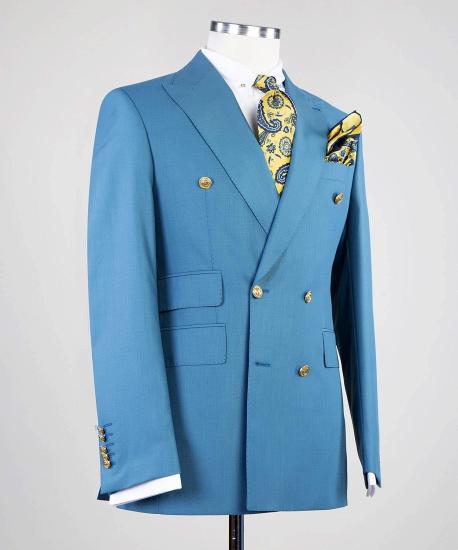 Blue Double Breasted Peaked Lapel Business Men Suits_2