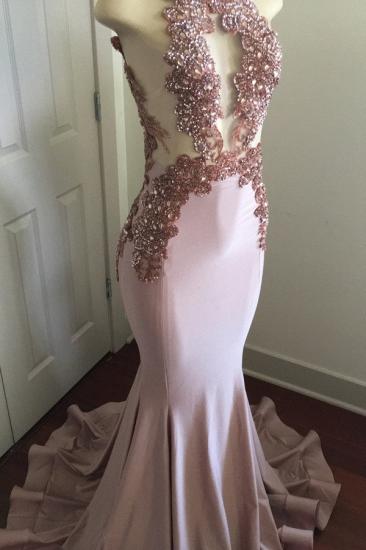 Pink Sleeveless Mermaid Prom Dresses | Open Back Beads Crystals Appliques Evening Gown_2