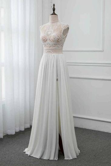 Bradyonlinewholesale Chic Jewel Chiffon Ruffle White Wedding Dresses Lace Top Sleeveless Bridal Gowns with Pearls_4