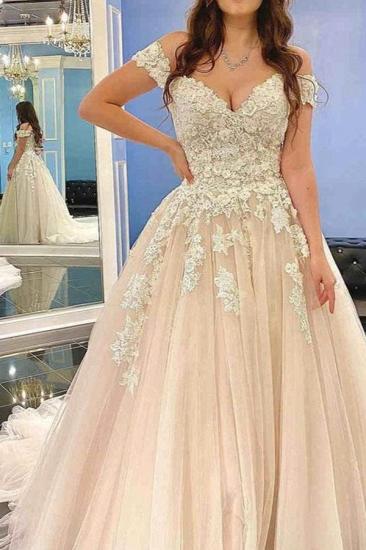 Glamorous Off Shoulder 3D Floral Lace Wedding Tulle Aline Bridal Dress_3