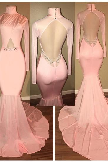 Open Back Pink Prom Dress Sexy | Mermaid High Neck Evening Gowns with Sleeve_2