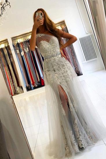 Charming Sleeveless Lace Mermaid Evening Dress with Side Split Tulle Train_3