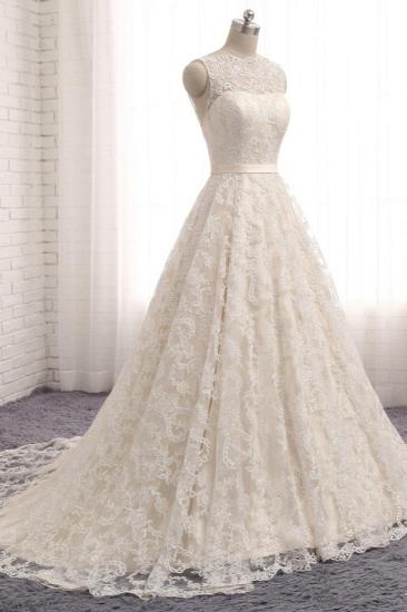 Bradyonlinewholesale Chic Champagne Jewel Sleeveless Wedding Dresses A-line Lace Bridal Gowns With Appliques On Sale_3