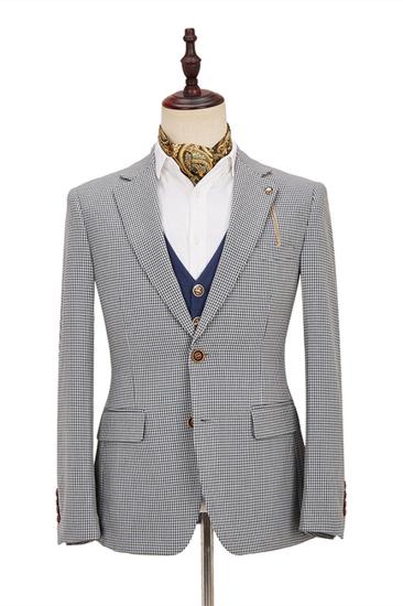 Fashion Black-and-White Plaid Slim Fit 3 Piece Mens Suit with Denim Blue Waistcoat_3