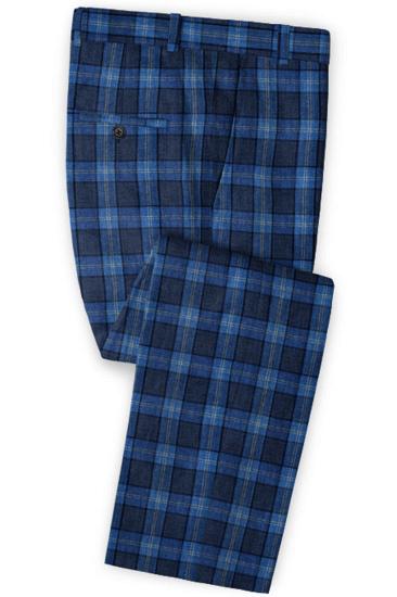 Custom Blue Plaid Linen Mens Suit | Two Piece Formal Business Tuxedo_3