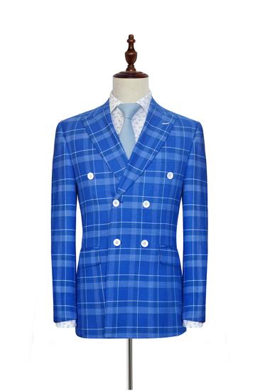 Custom Double Breasted Plaid Blue Mens Suit | Lapel Casual Suit