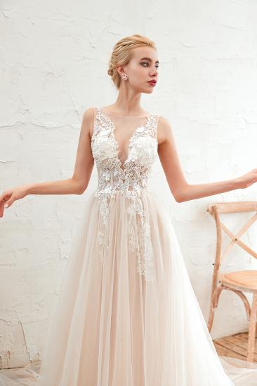 Illsuion neck Champange Wedding Dress with Chapel Train | Sleeveless Summer Bridal Gowns Online_9