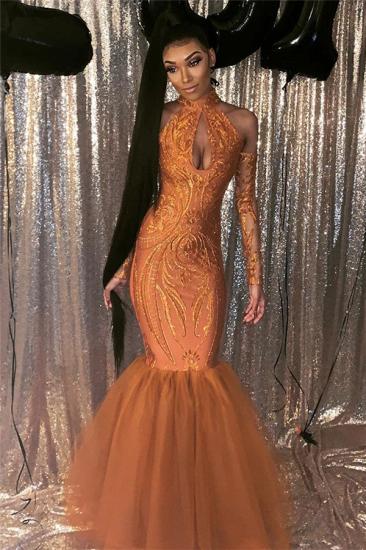 Dust Orange Mermaid Cheap Prom Dress with Sleeves | Halter Sexy Keyhole Sparkly Appliques Evening Gowns_1