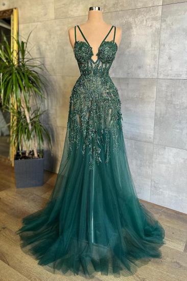 Chic Dark green v-neck lace sleeveless prom dress