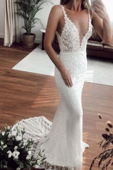 Deep V-neck Spaghetti Straps Mermaid Wedding Dresses | Appliques Pleated Bridal Gowns_2