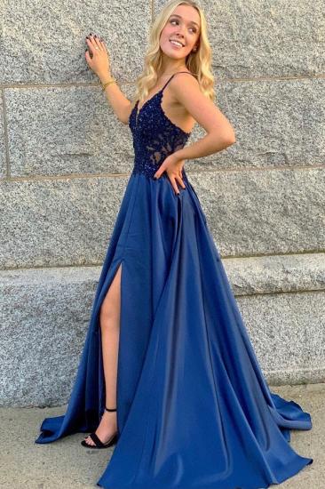 Navy blue A-line Spaghetti Straps Sleeveless High split Lace Prom Dresses_4