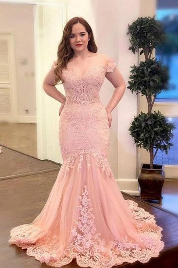 Off Shoulder Pearl Pink Mermaid Evening Prom Dress Lace Appliques Wedding Gowns_1
