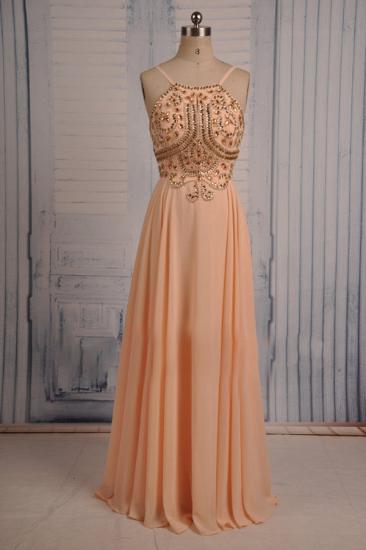 Coral Chiffon Spaghetti Straps Prom Dresses with Sparkly Crystals Long Evening Dresses_1