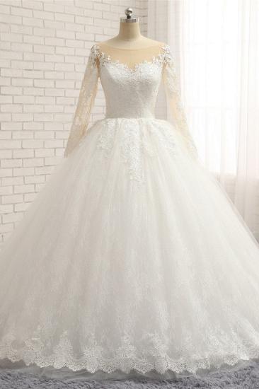 Bradyonlinewholesale Affordable White Tulle Ruffles Wedding Dresses Jewel Longsleeves Lace Bridal Gowns With Appliques Online