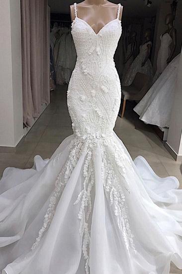 Spaghetti Strap Real Model White Mermaid Wedding Dresses with Gorgeous Lace Appliques_1