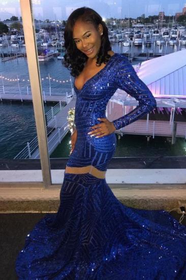 Sexy Deep-V-Neck Royal Blue Prom Dresses Mermaid Long Sleeves Evening Gowns_2