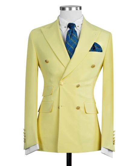 Yellow Fashion Double Breasted Peaked Lapel Men Suits_3