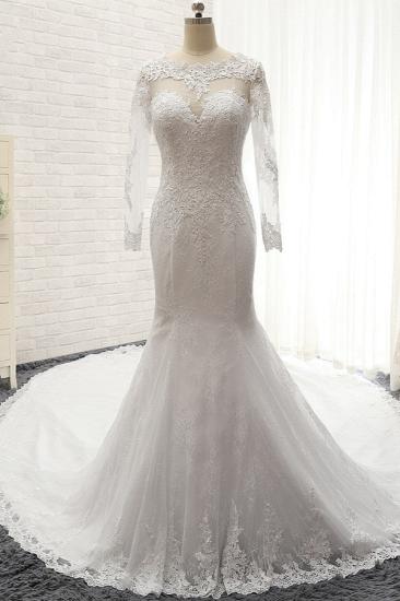 Bradyonlinewholesale Stunning Jewel Long Sleeves Tulle Lace Wedding Dress Mermaid Jewel Appliques Bridal Gowns On Sale_1