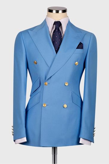 Pei Ocean Blue 3 Piece Slant Pockets Double Breasted Business Suit_1