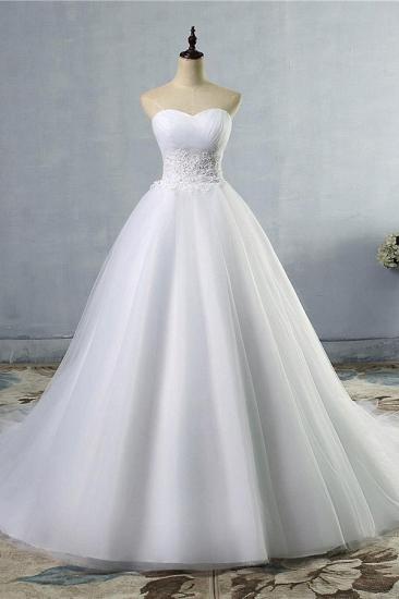 Strapless Lace Appliques Ball Gown Wedding Dresses | Sleeveless Bridal Gowns with Sweep Train_1