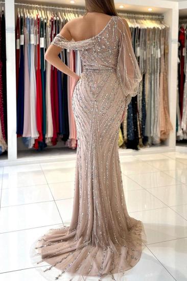Stunning One Shoulder Shinning Beadings Mermaid Evening Gown with Side Slit_2