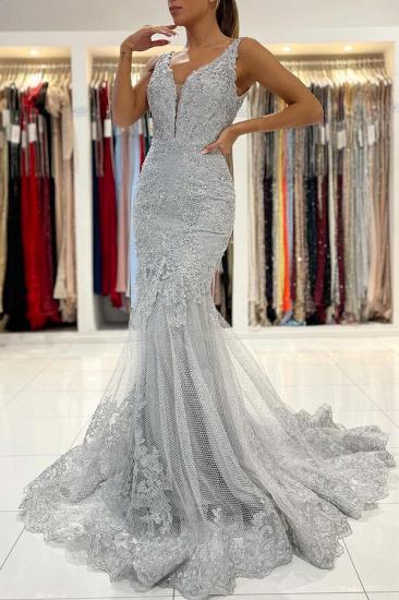 Glamorous Grey Sleeveless Mermaid Ball Gown V Neck Tulle Lace Evening Dress_6