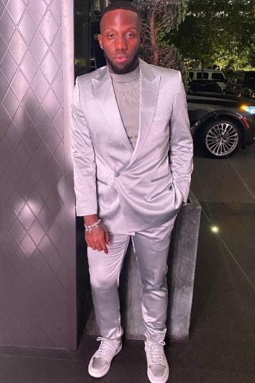 Shiny Silver Peak Collar Satin Men Two Piece Prom Suit_1