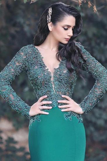 V-neck Long Sleeve Lace Sexy Evening Dress | Mermaid Dark Green Popular Prom Dress_2
