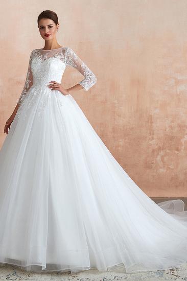 Affordable Lace Jewel White Tulle Wedding Dress with 3/4 Sleeves_2