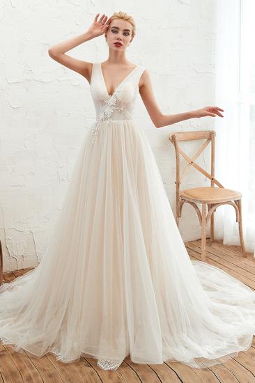 Champange Princess Tulle Wedding Dress with Soft Pleats | Sexy V-neck Low Back Bridal Gowns with Lace Appliques