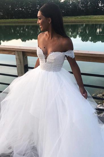 Charming Off the Shoulder A Line Wedding Dress | White Tulle Lace V Neck Bridal Gown