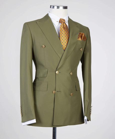 Olive Green Peaked Lapel Double Breasted Close Fitting Prom Suits_2
