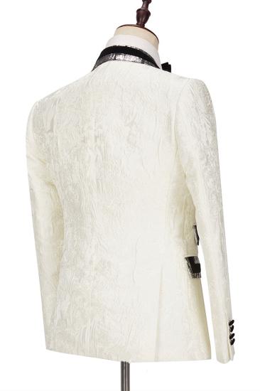 Unique White Jacquard Sparkle Silver Gray Lapel Flaps Black Banding Edge Mens Wedding Suits Tuxedos_2