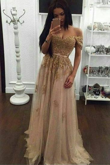 Appliques Long A-line Off-the-Shoulder Evening Dresses Gold Sexy Prom Gown