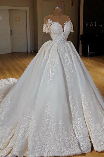 Short Sleeve Lace Appliques Wedding Dresses | Princess Ball Gown Wedding Dresses with Long Train