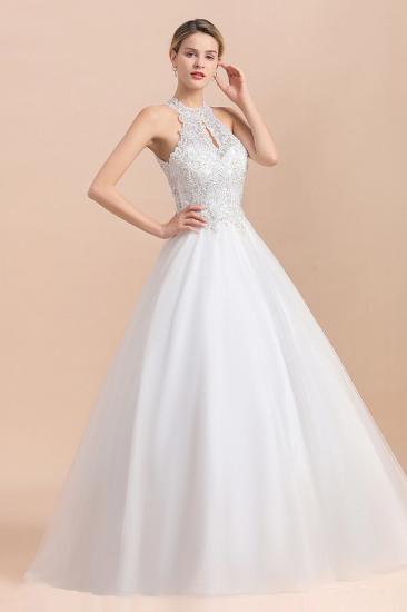 Elegant White Beaded Halter Ball Gown Lace Wedding Dress_7