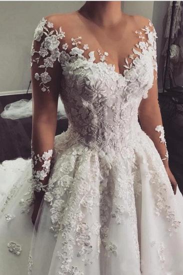 Gorgeous White 3D Floral Lace Long Sleeve Wedding Dress Jewelry Neck Tulle A-Line Bridal Dress_2