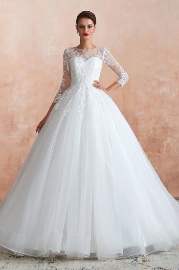 Affordable Lace Jewel White Tulle Wedding Dress with 3/4 Sleeves_1