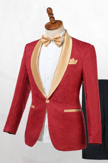 Cooper Red Jacquard One Button Wedding Mens Gold Lapel Suit_1