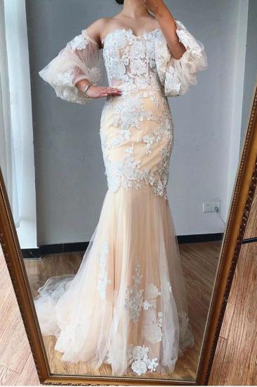 Romantic Puffy Sleeves Mermaid Wedding Dress Floral Appliques_2