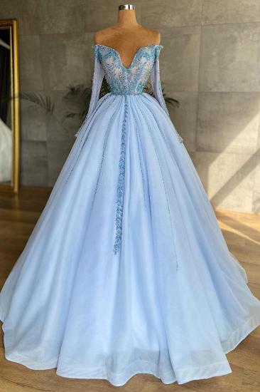 Gorgeous Sweetheart Long Sleeves Princess Party Dress Sky Blue Beadings Floral Lace Appliques_1