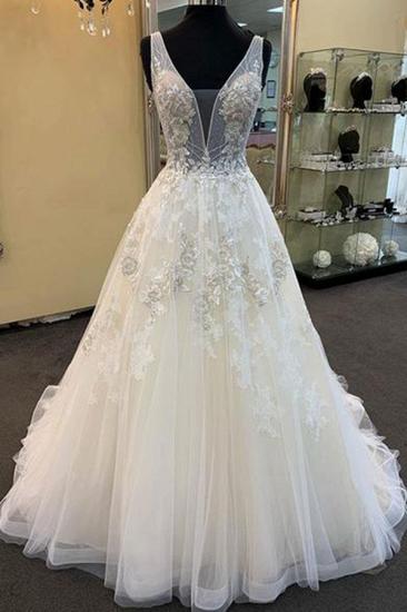 Bradyonlinewholesale Glamorous Unique White Tulle V-Neck Wedding Dress Long Beaded Lace Bridal Gowns On Sale